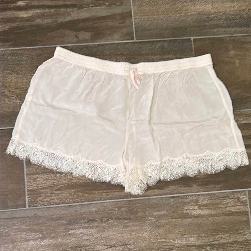 Cream Lace Trim Pajama Shorts with Drawstring